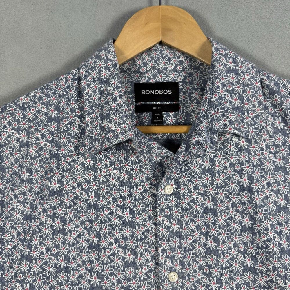 Bonobos Mens Large Slim Fit Short Sleeve Shirt Blue Floral Print Chambray